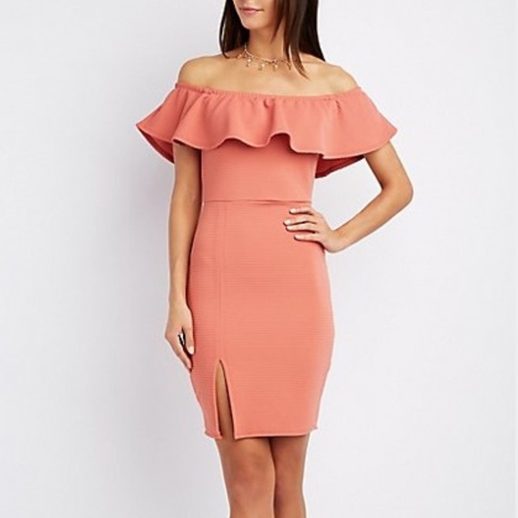 pink off shoulder bodycon dress